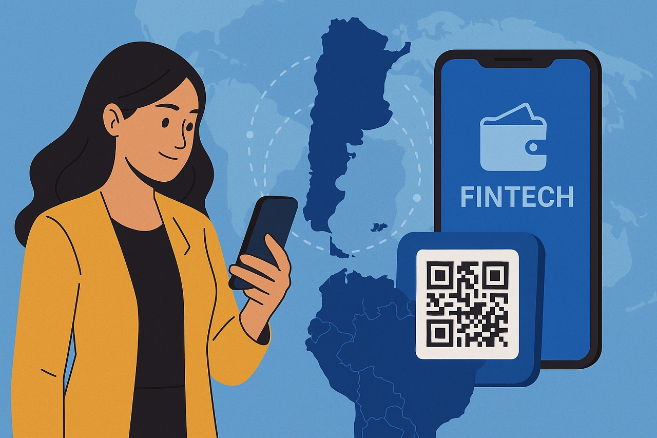 Ilustración de una mujer joven usando su smartphone para realizar pagos digitales, con un mapa del Mercosur de fondo, un teléfono gigante con ícono de billetera y un código QR, simbolizando la integración regional a través de soluciones fintech.